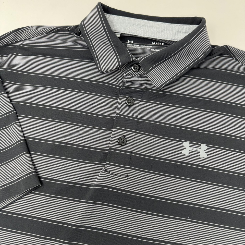 Under Armour Polo Shirt Mens Large Gray Striped HeatGear Golf Performance Top